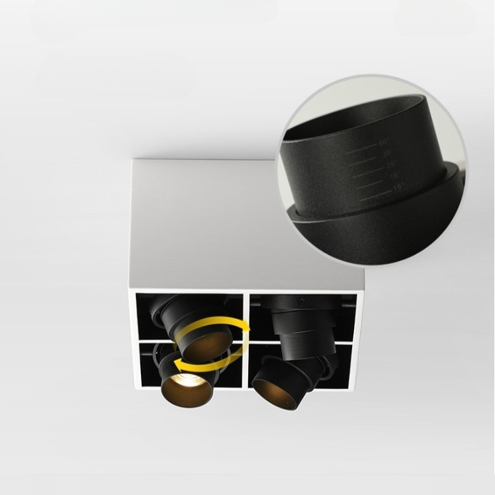 PLH Square 4 Head Trunk Surface Mount Ceiling Spotlight with Aperture and Angle Adjustment