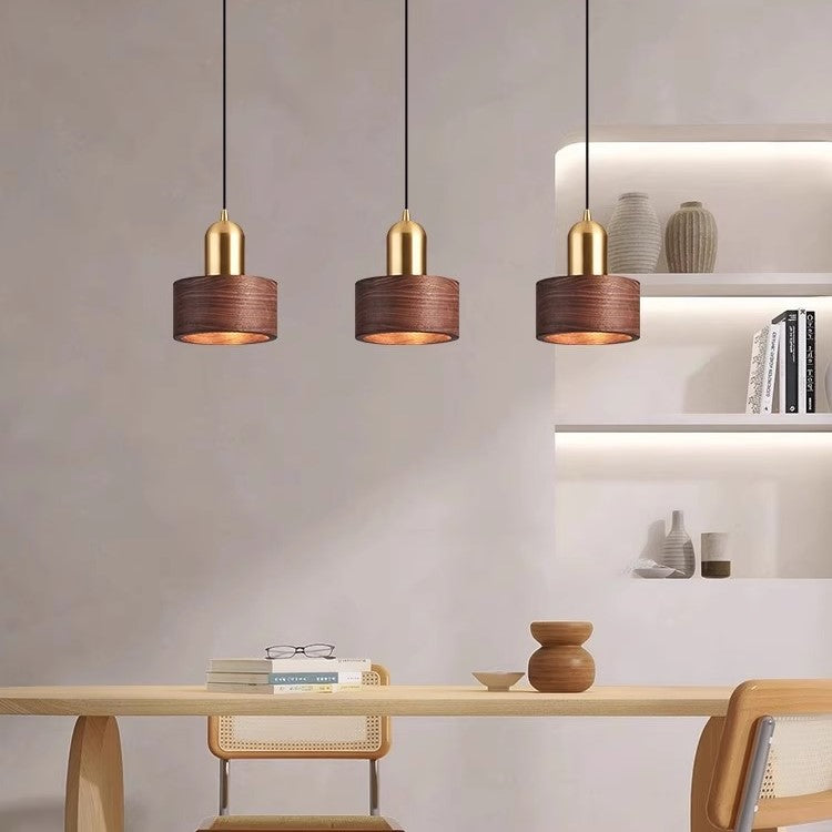 PLH Bedroom Bedside Retro Wooden and Copper Pendant Light with E27 Bulb