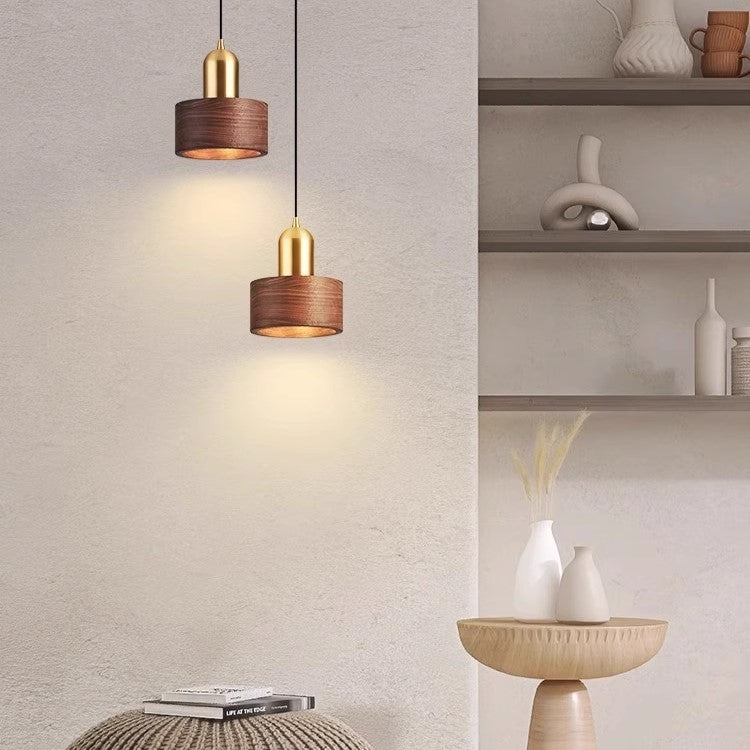 PLH Bedroom Bedside Retro Wooden and Copper Pendant Light with E27 Bulb