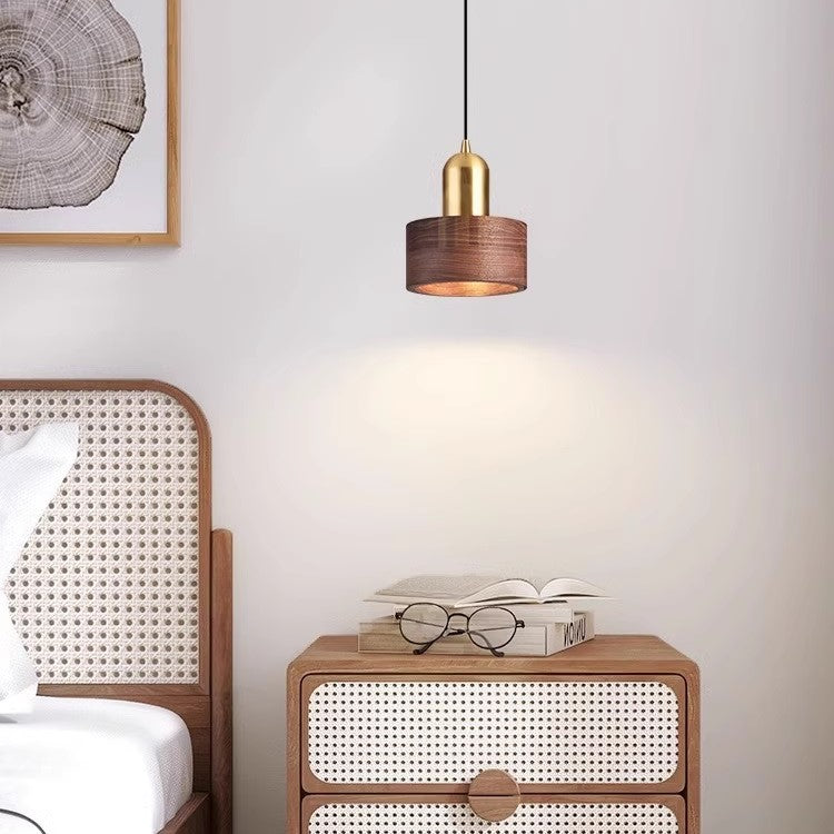 PLH Bedroom Bedside Retro Wooden and Copper Pendant Light with E27 Bulb