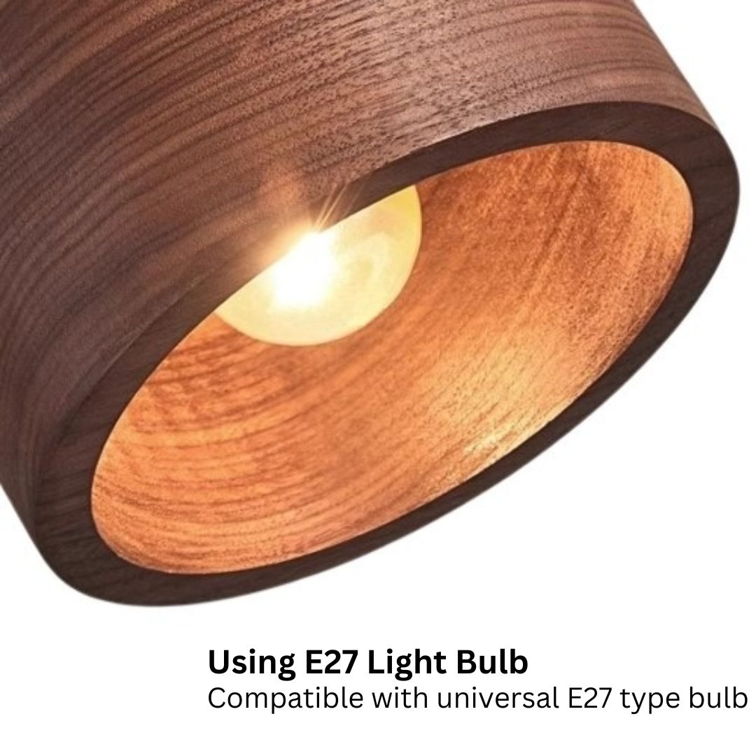 PLH Bedroom Bedside Retro Wooden and Copper Pendant Light with E27 Bulb