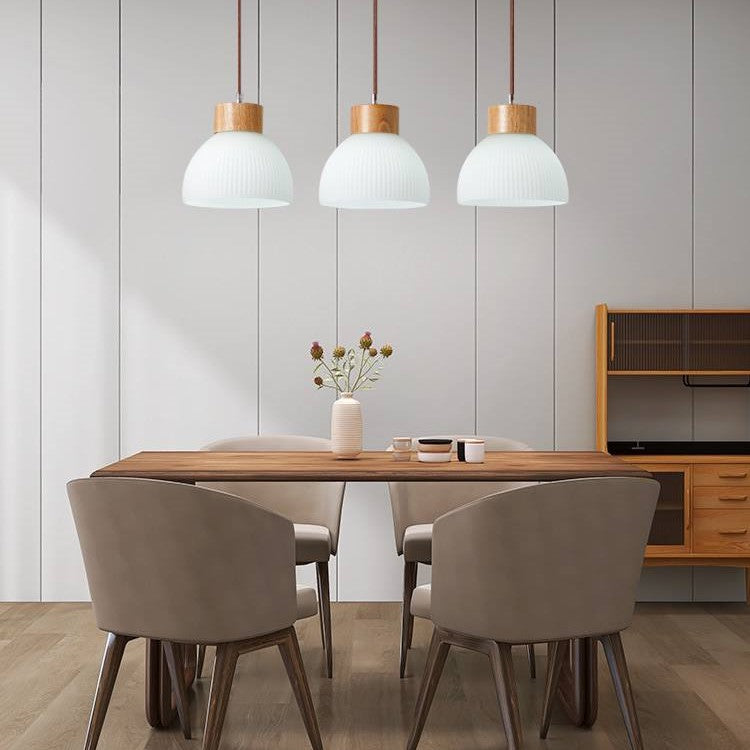 PLH Wooden Surface Mount Glass & Wood Pendant Light with E27 Light Bulb Tri Tone