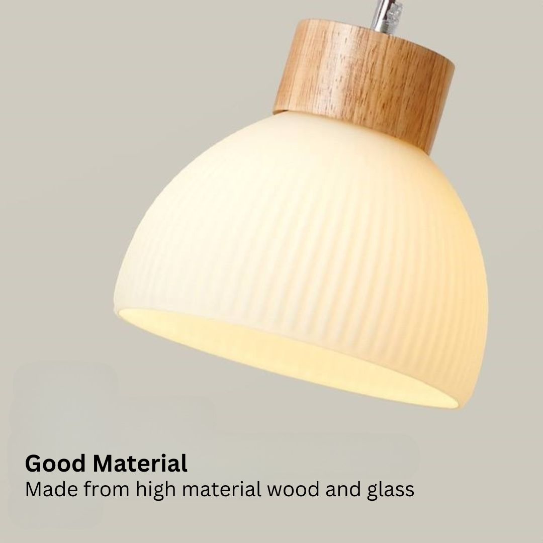 PLH Wooden Surface Mount Glass & Wood Pendant Light with E27 Light Bulb Tri Tone