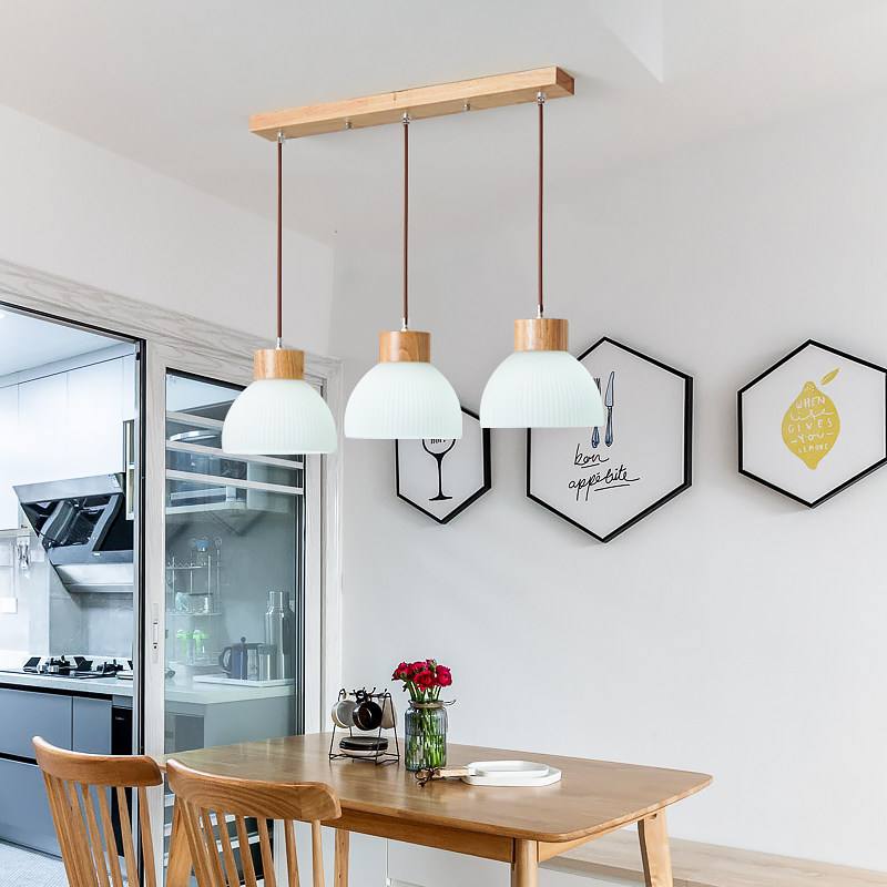 PLH Wooden Surface Mount Glass & Wood Pendant Light with E27 Light Bulb Tri Tone